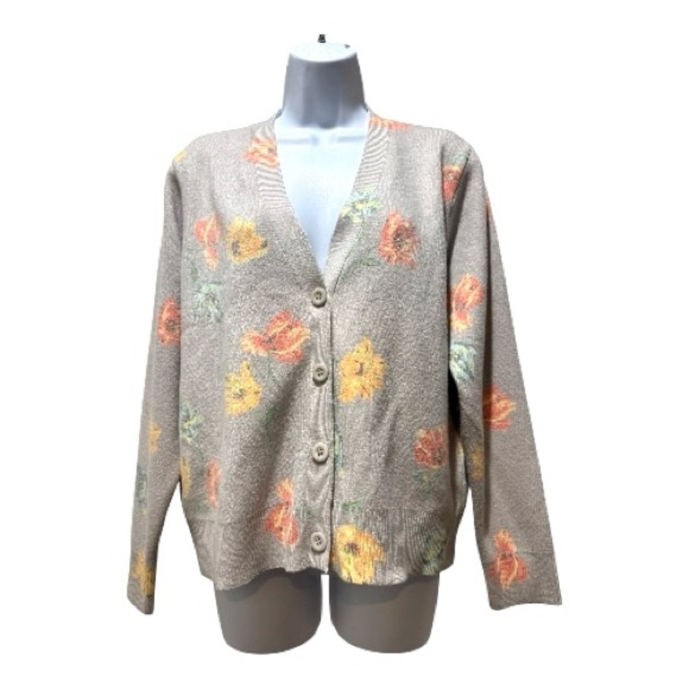Sioni Floral Jacquard Cardigan Sweater Light Taupe Multicolor Size L